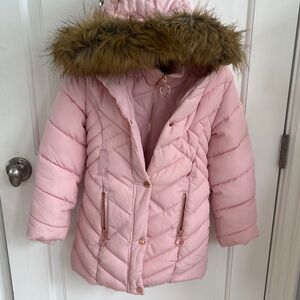 Pink Quilted Coat with Faux Fur Trim